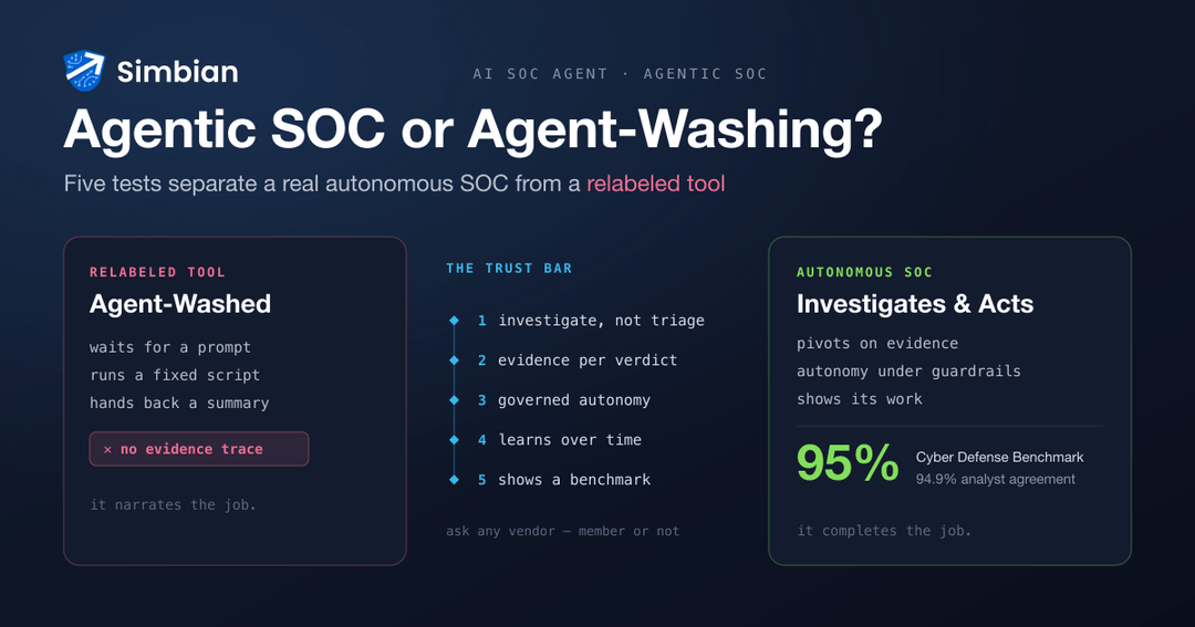 A split test separating a real autonomous SOC from an agent-washed tool: investigate versus triage, evidence trace, governed autonomy, and a benchmark score