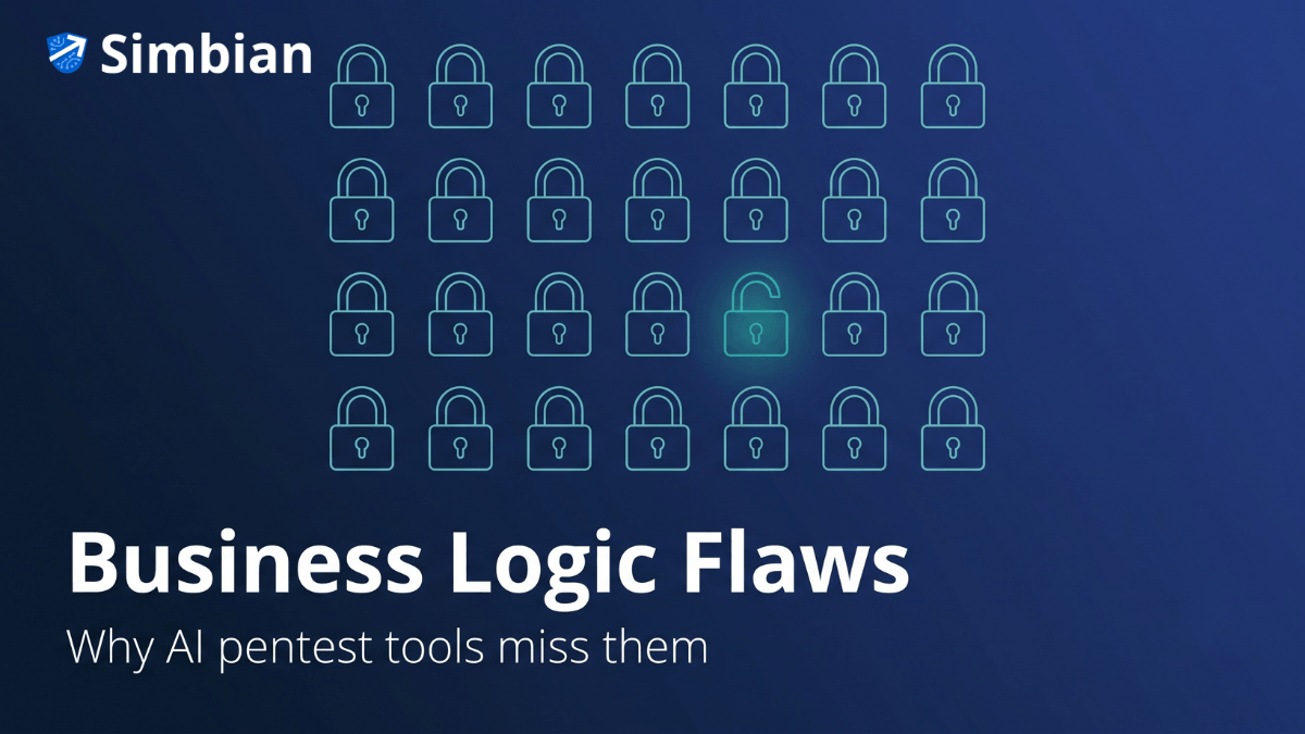 Business logic vulnerabilities and AI pentest tools — an AI Pentest Agent testing an application as multiple user roles at once to expose authorization-logic flaws, Simbian editorial hero in deep navy and aqua