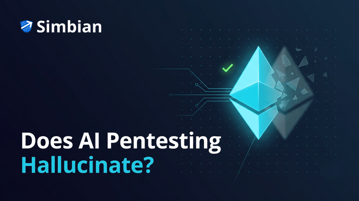 Does AI pentesting hallucinate — an AI Pentest Agent proving a finding by running the exploit, Simbian editorial hero in deep navy and aqua