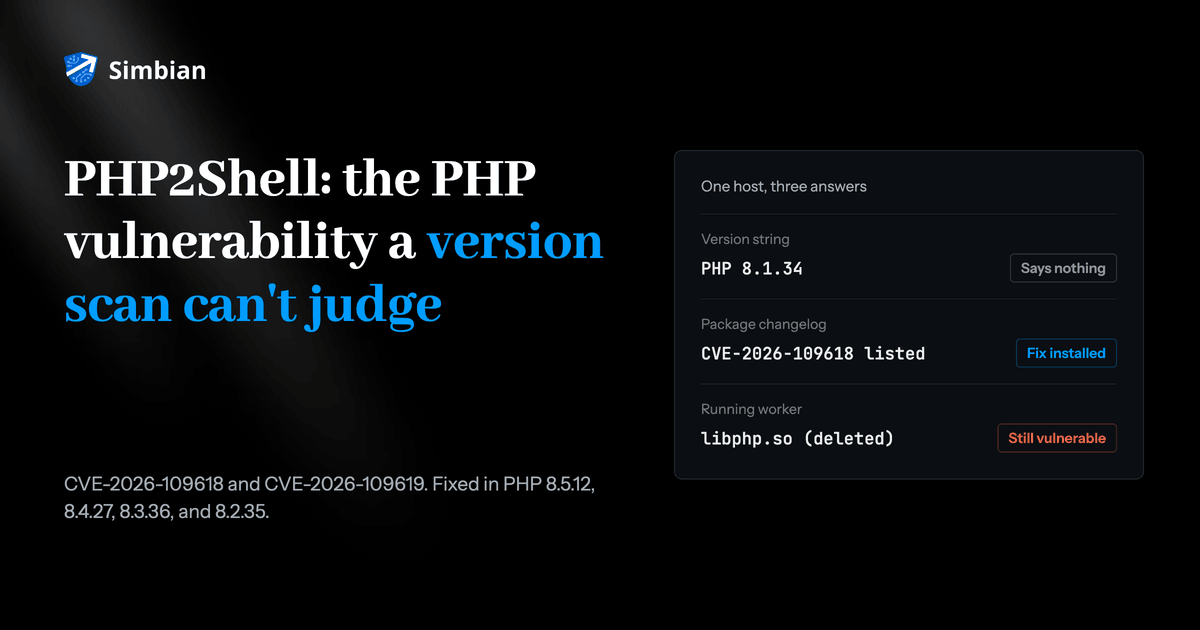 PHP2Shell, the PHP vulnerability a version scan can't judge: one host where the version string, package changelog, and running worker give three different answers