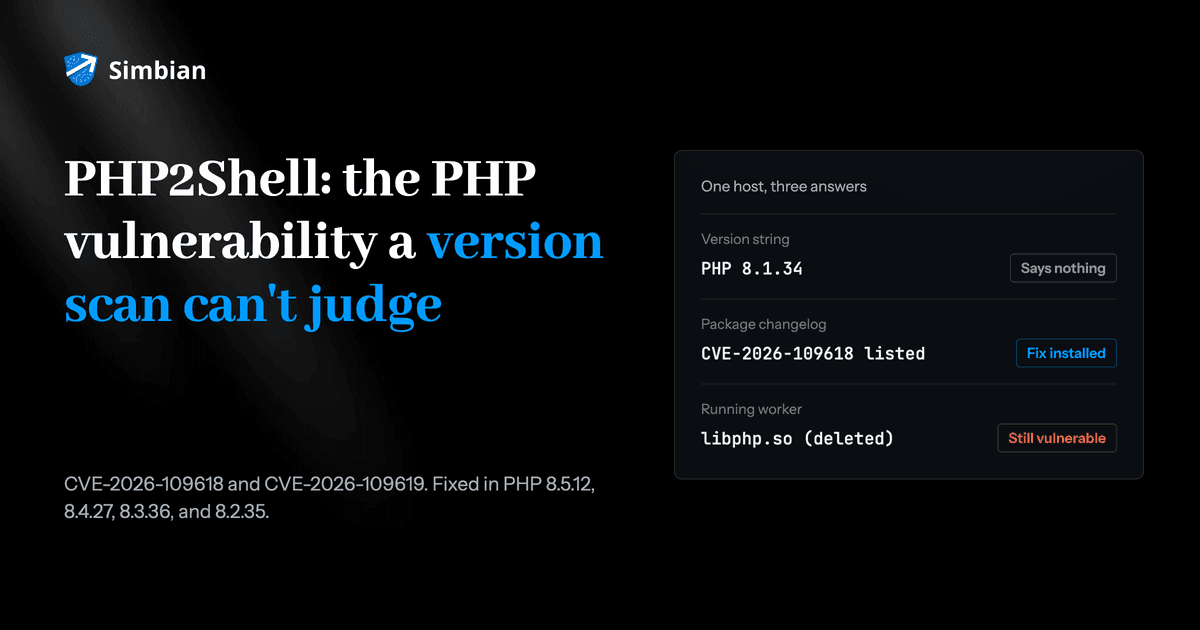 PHP2Shell, the PHP vulnerability a version scan can't judge: one host where the version string, package changelog, and running worker give three different answers