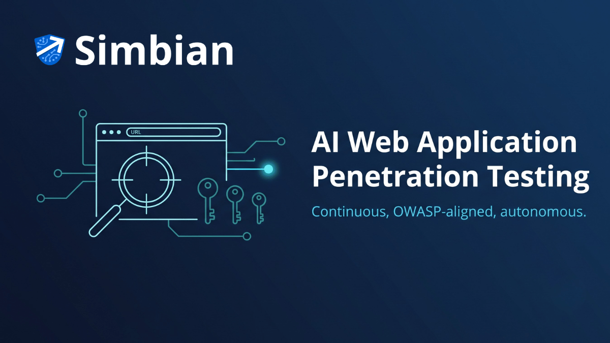 Web application penetration testing in the AI era — an AI Pentest Agent probing web app endpoints as multiple user roles, Simbian editorial hero in deep navy and aqua