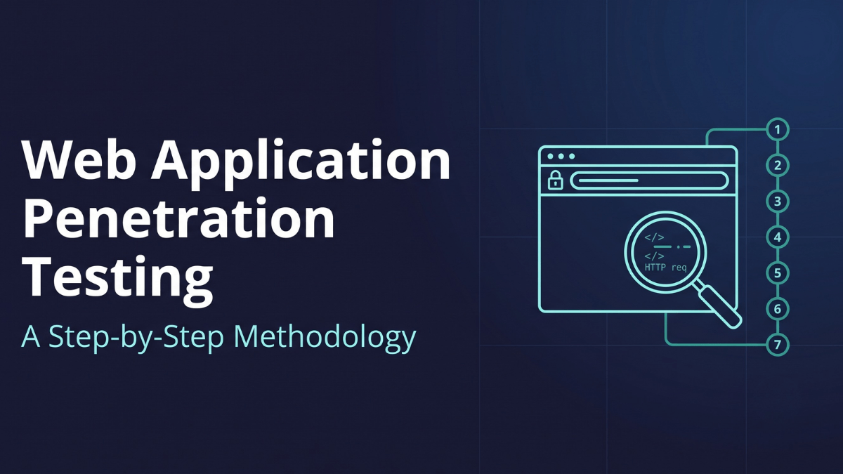 Web application penetration testing methodology — seven-step attacker workflow from recon to retest, Simbian editorial hero in deep navy and aqua