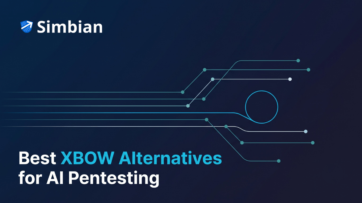 Best XBOW alternatives for AI pentesting compared — RunSybil, Terra Security, MindFort, and Simbian's AI Pentest Agent, Simbian editorial hero in deep navy and aqua